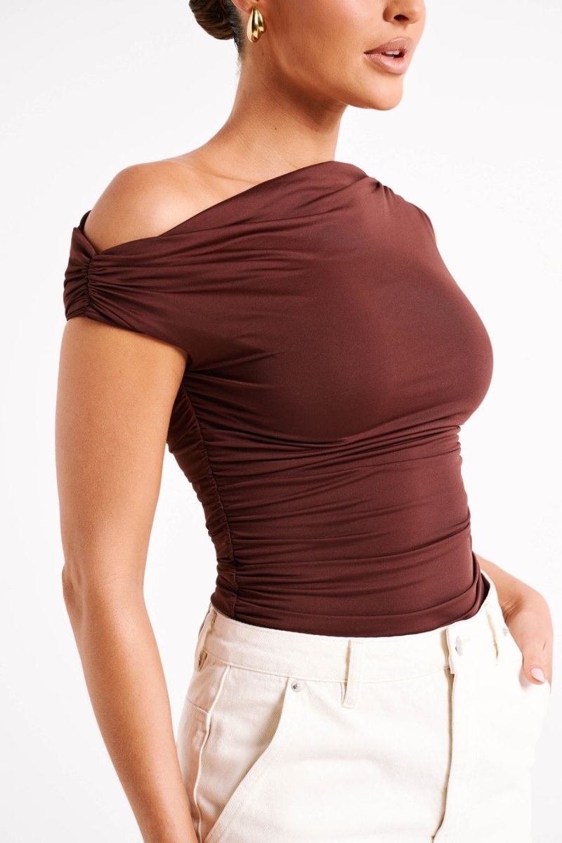 Women's Meshki Alayna Recycled Nylon Ruched Tops Chocolate USA | B2T-1964