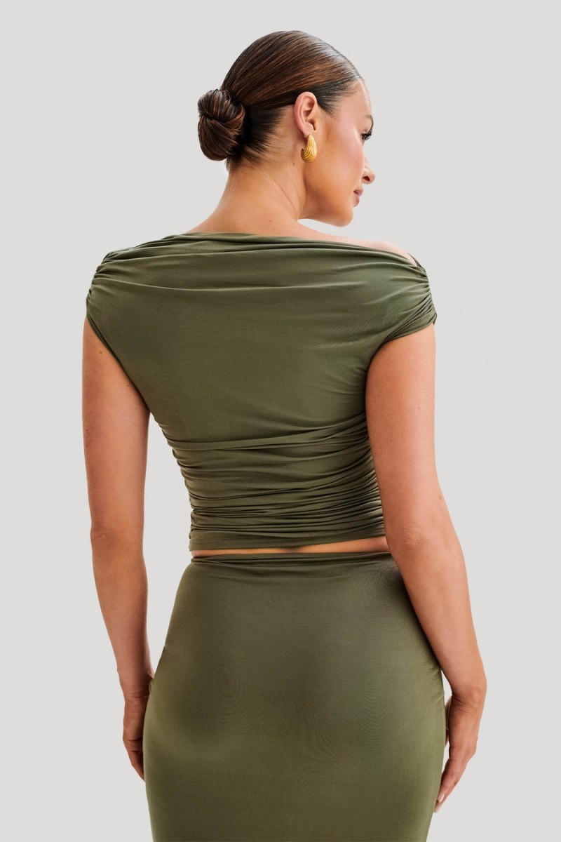 Women's Meshki Alayna Slinky Ruched Tops Olive USA | M8J-7687