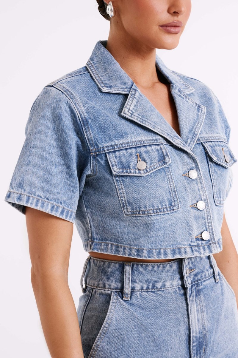 Women's Meshki Annabelle Denim Crop Shirts Blue USA | Z8Q-7016