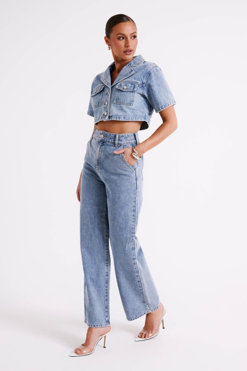 Women's Meshki Annabelle Denim Crop Shirts Blue USA | Z8Q-7016