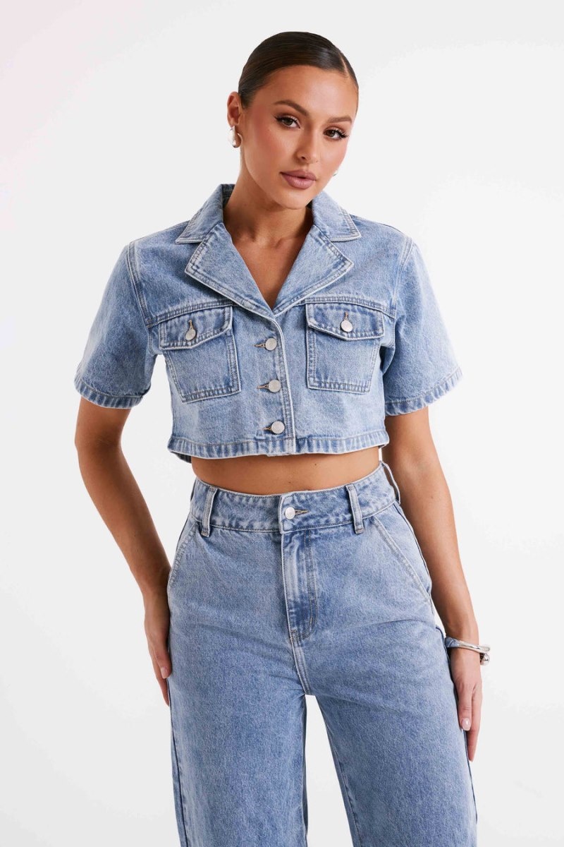 Women's Meshki Annabelle Denim Crop Shirts Blue USA | Z8Q-7016