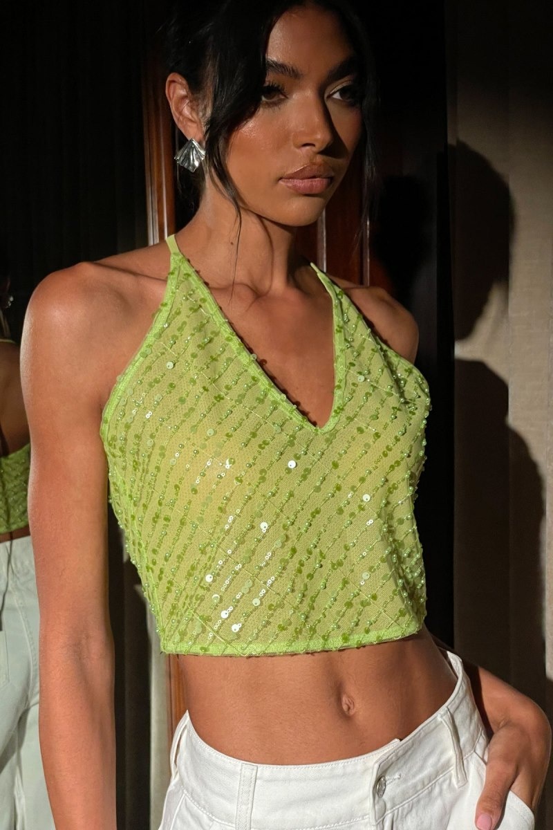 Women\'s Meshki Brielle Sequin Halter Tops Green USA | P4K-1322