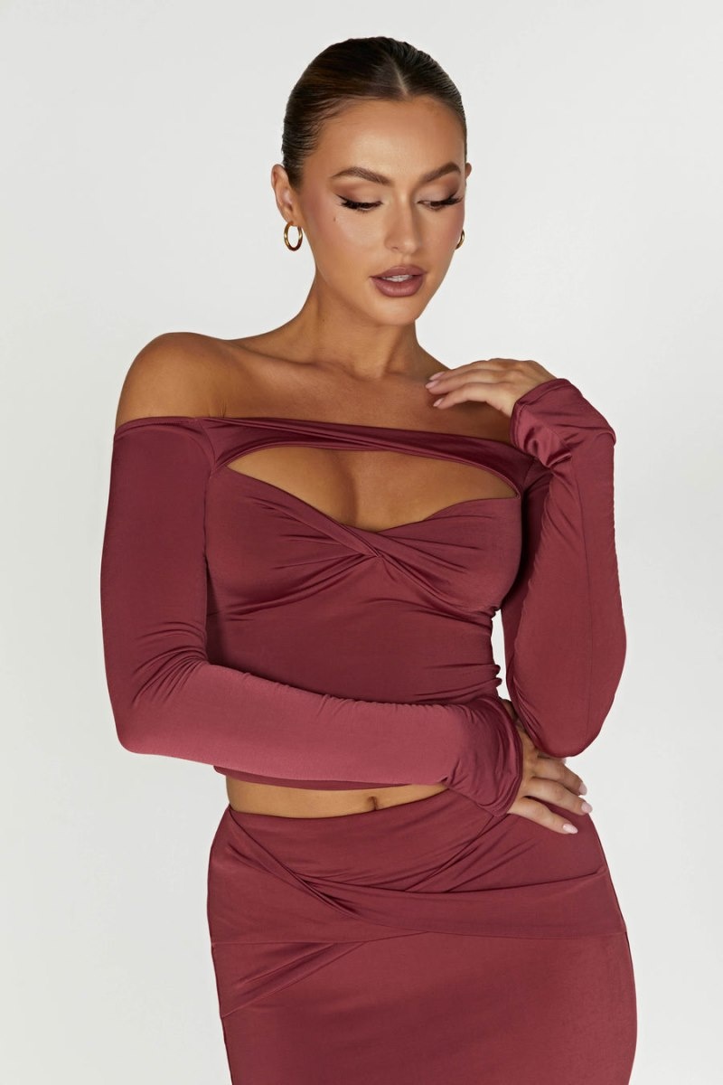 Women's Meshki Ceri Off Shoulder Long Sleeve Tops Dark Red USA | L0E-0845