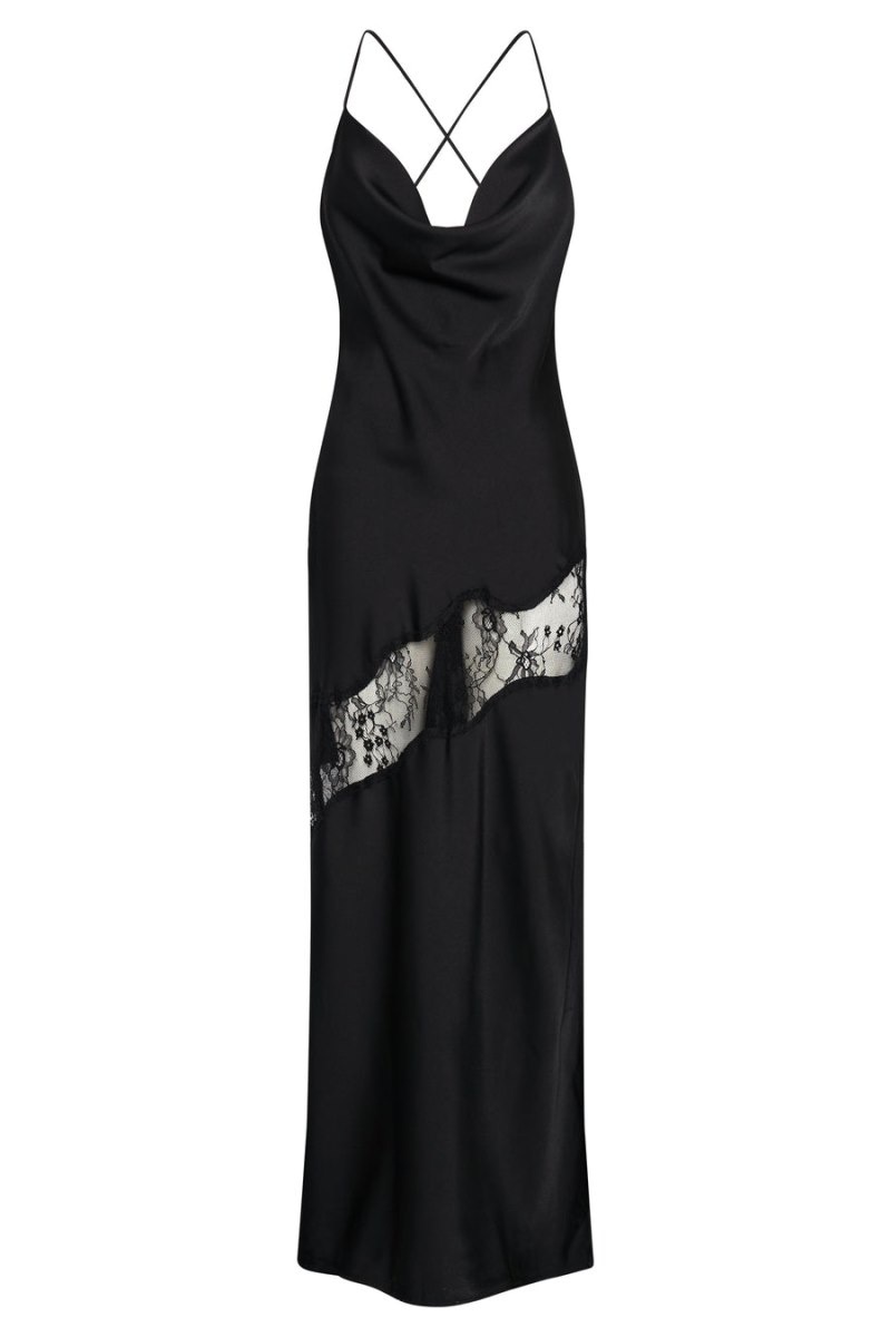 Women's Meshki Chandra Lace Detail Satin Maxi Dress Black USA | J8E-2772