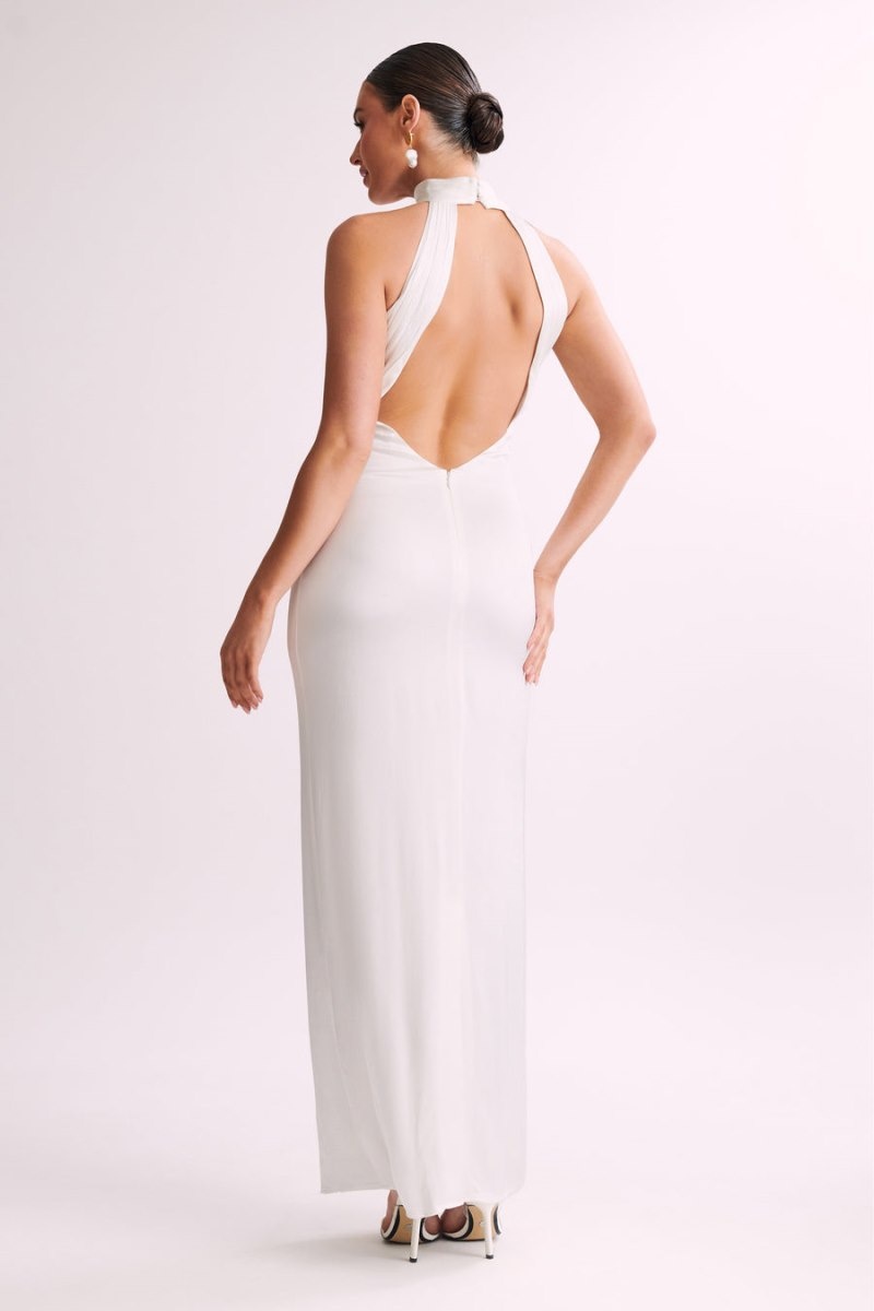 Women's Meshki Claire Satin Drape Back Maxi Dress White USA | O3B-8414