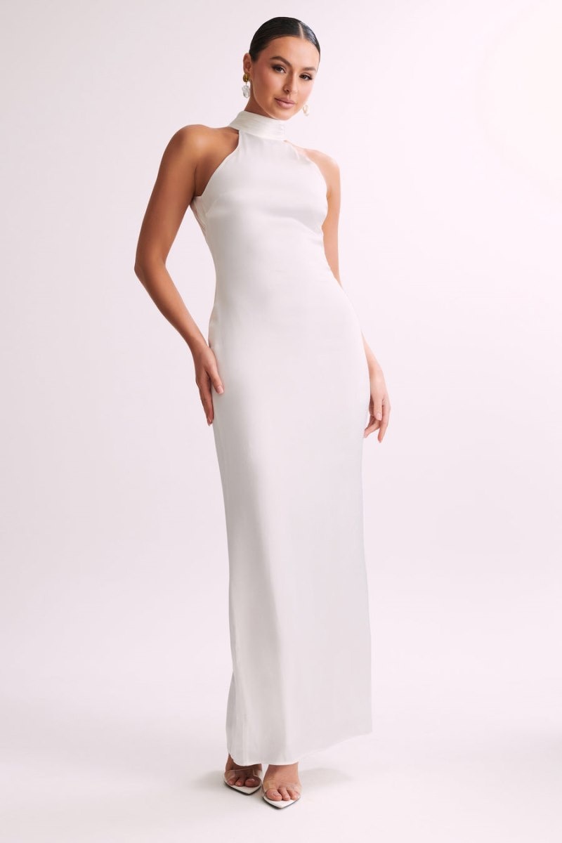 Women's Meshki Claire Satin Drape Back Maxi Dress White USA | O3B-8414