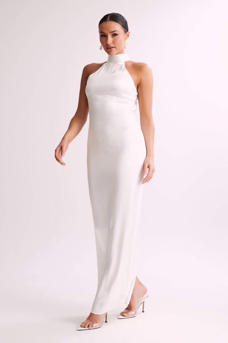 Women's Meshki Claire Satin Drape Back Maxi Dress White USA | O3B-8414