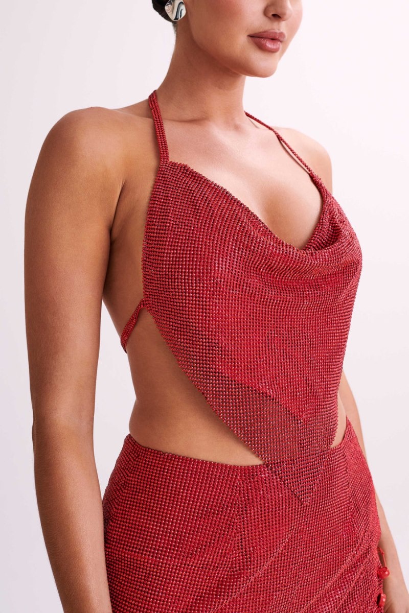 Women's Meshki Daphne Diamante Cowl Neck Halter Tops Red USA | V2O-3231