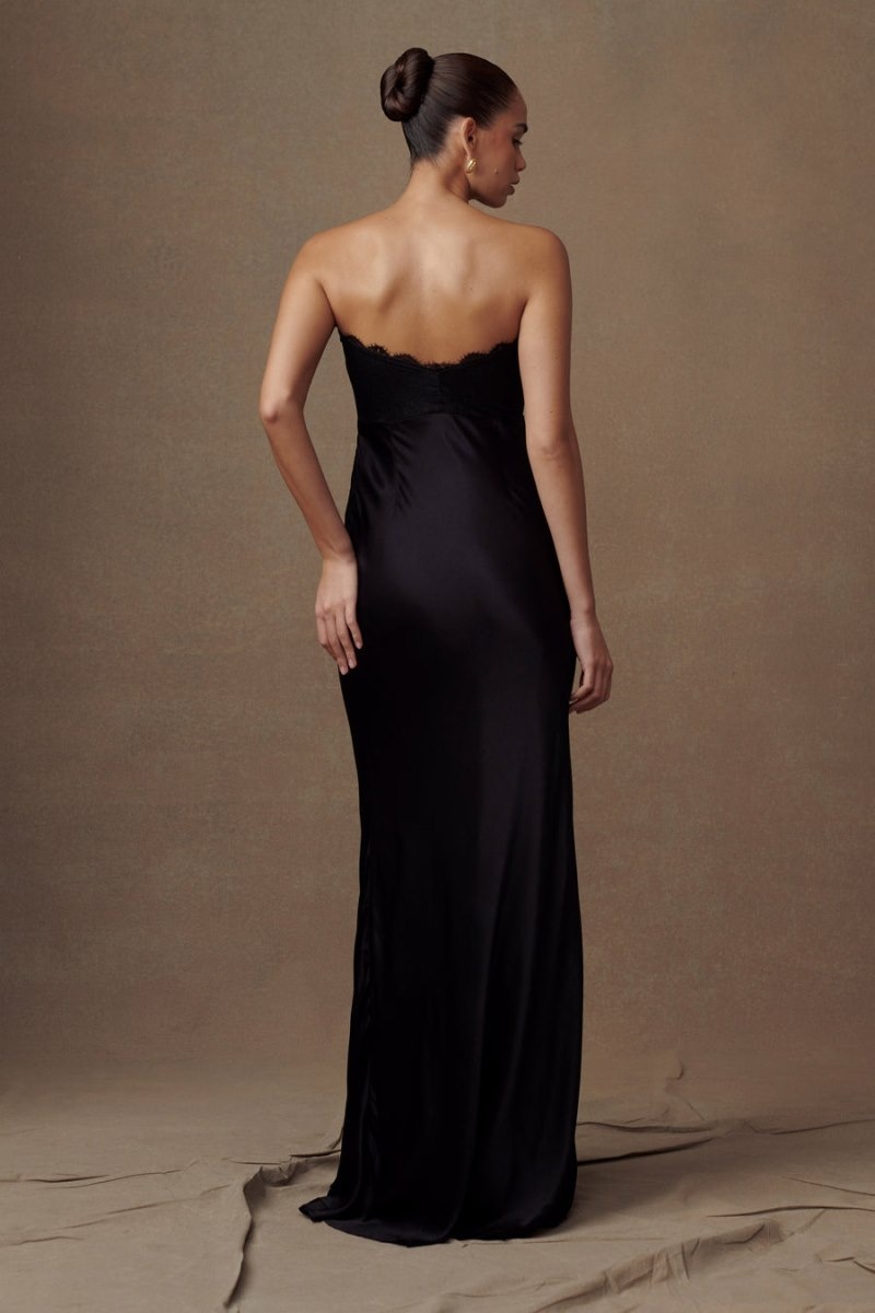 Women's Meshki Darcie Strapless Satin Maxi Dress Black USA | R7G-5148