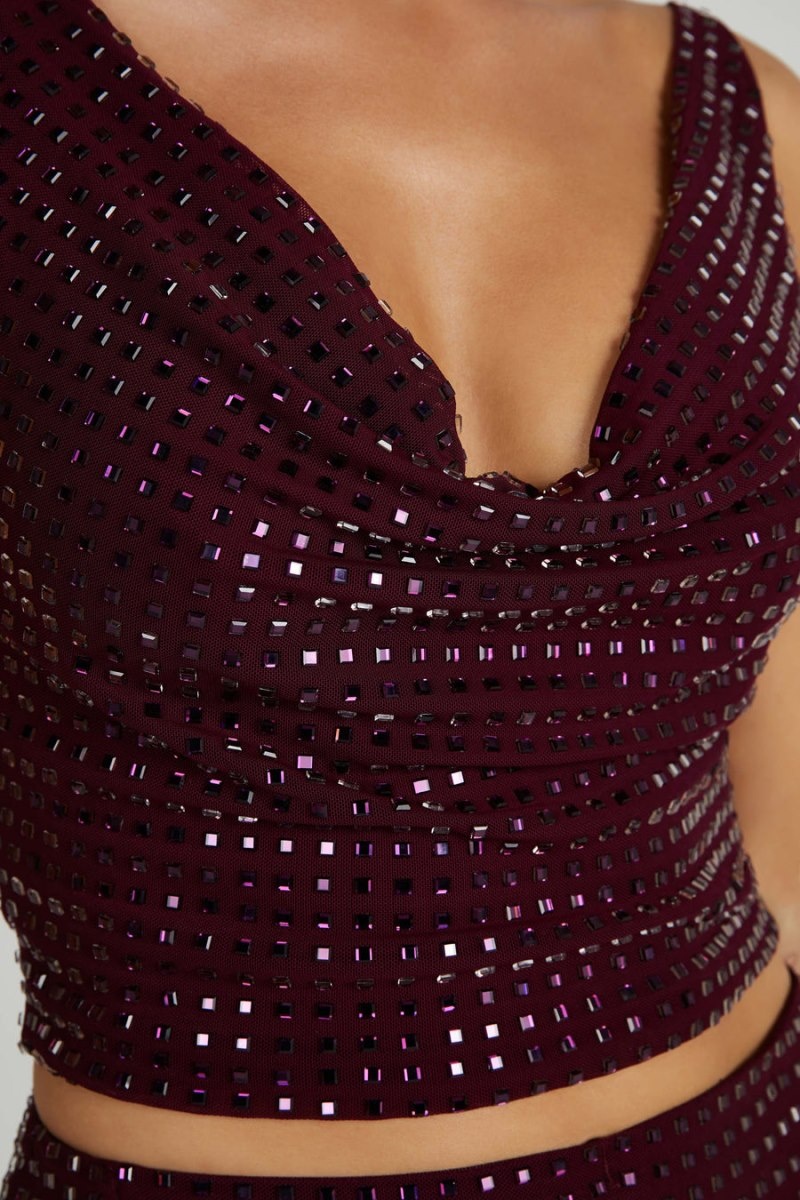 Women's Meshki Ellery Square Diamante Cowl Tops Burgundy USA | F4H-0030