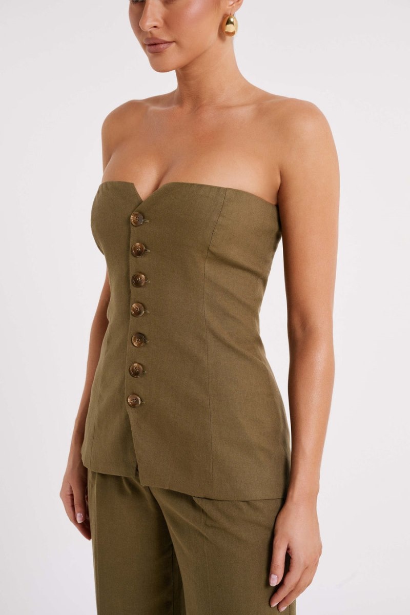 Women's Meshki Innis Linen Longline Strapless Tops Olive USA | R9U-5050