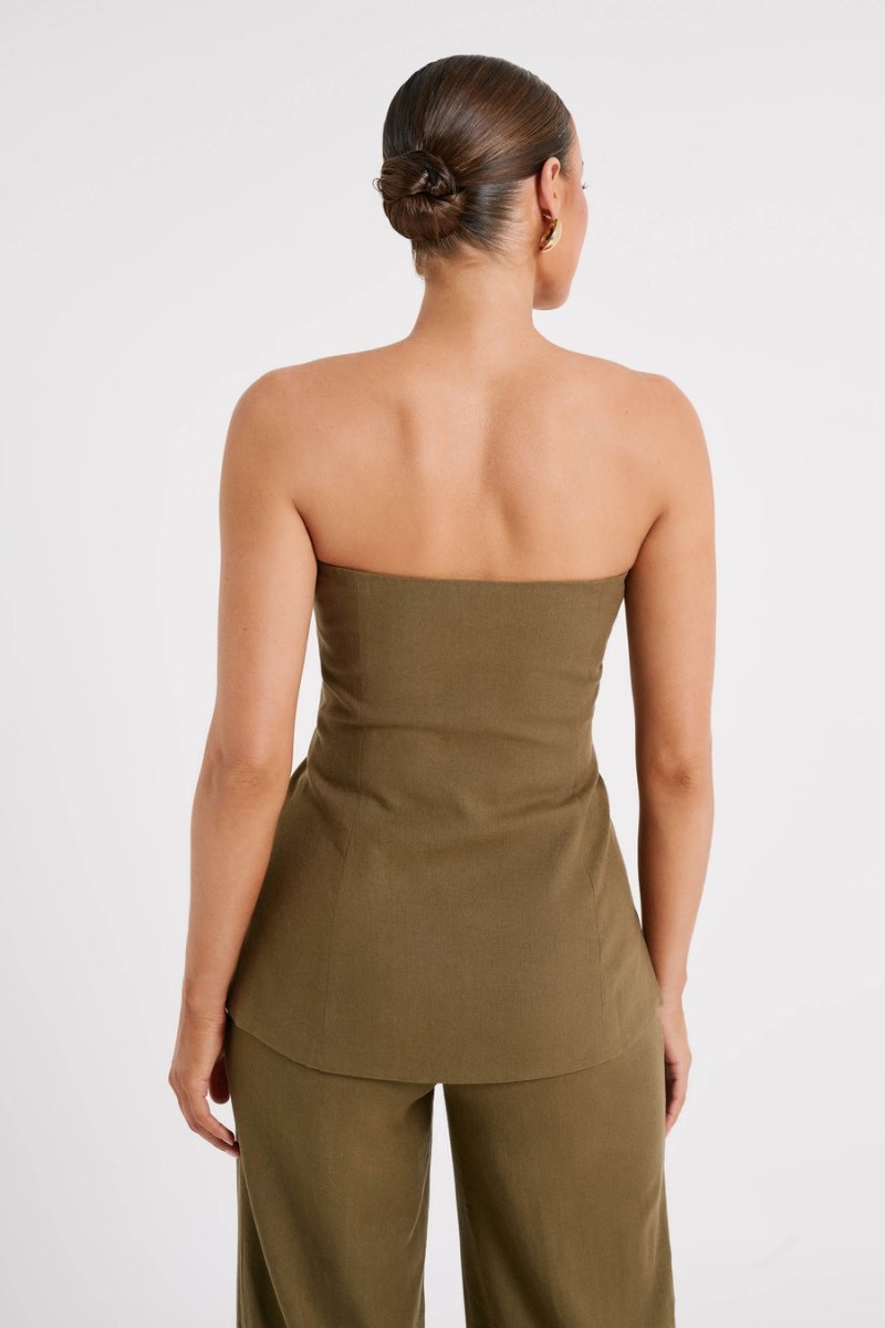 Women's Meshki Innis Linen Longline Strapless Tops Olive USA | R9U-5050