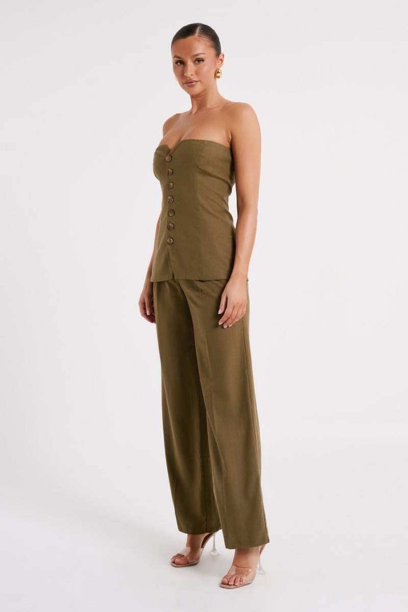 Women's Meshki Innis Linen Longline Strapless Tops Olive USA | R9U-5050