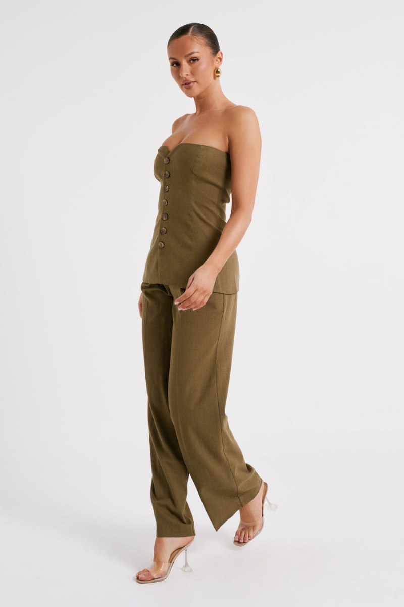 Women's Meshki Innis Linen Longline Strapless Tops Olive USA | R9U-5050