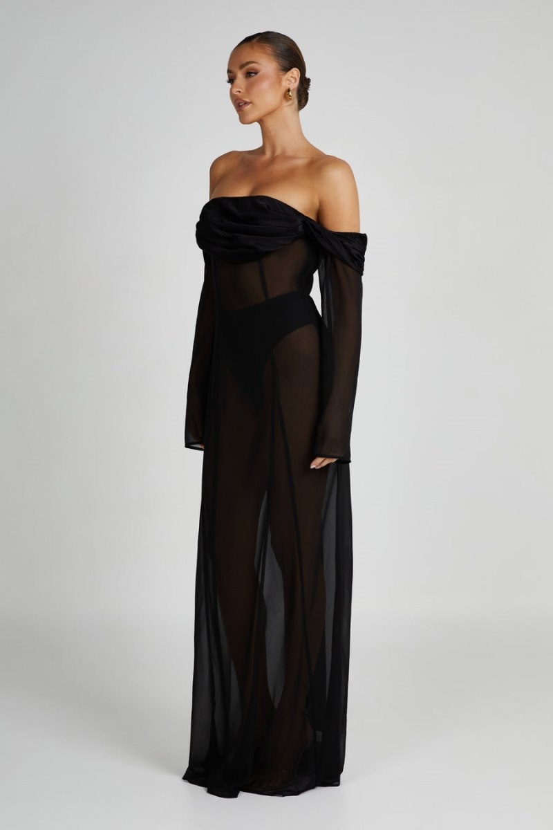 Women's Meshki Ivanna Off Shoulder Chiffon Maxi Dress Black USA | T4X-9572