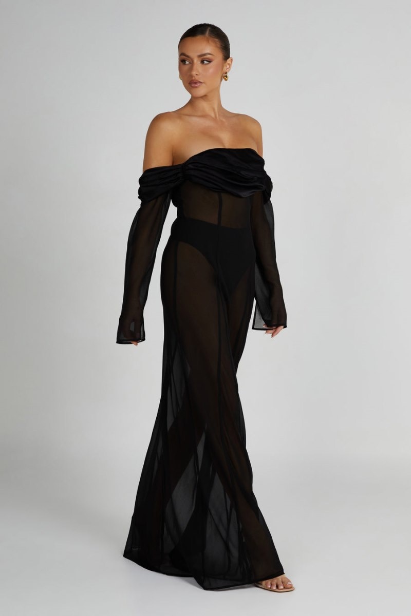 Women's Meshki Ivanna Off Shoulder Chiffon Maxi Dress Black USA | T4X-9572