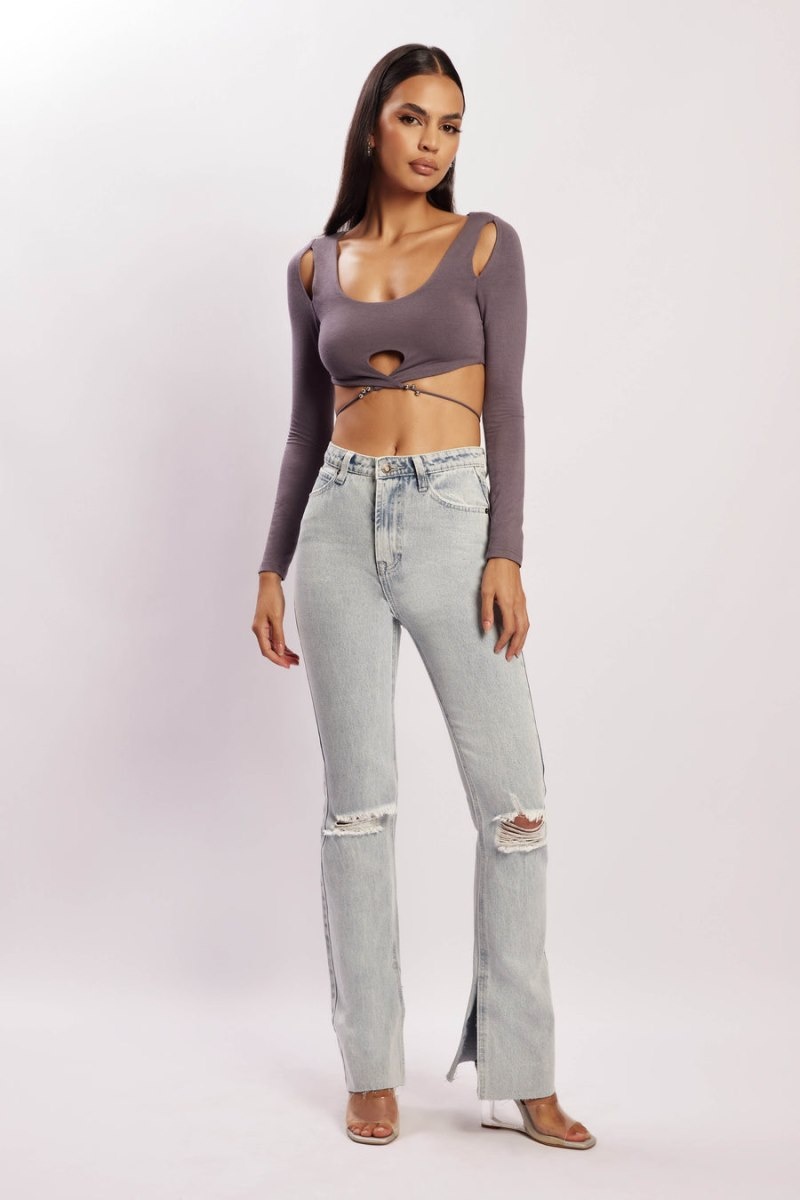 Women's Meshki Jessie Long Sleeve Cut Out Crop Tops Deep Grey USA | T6T-3182