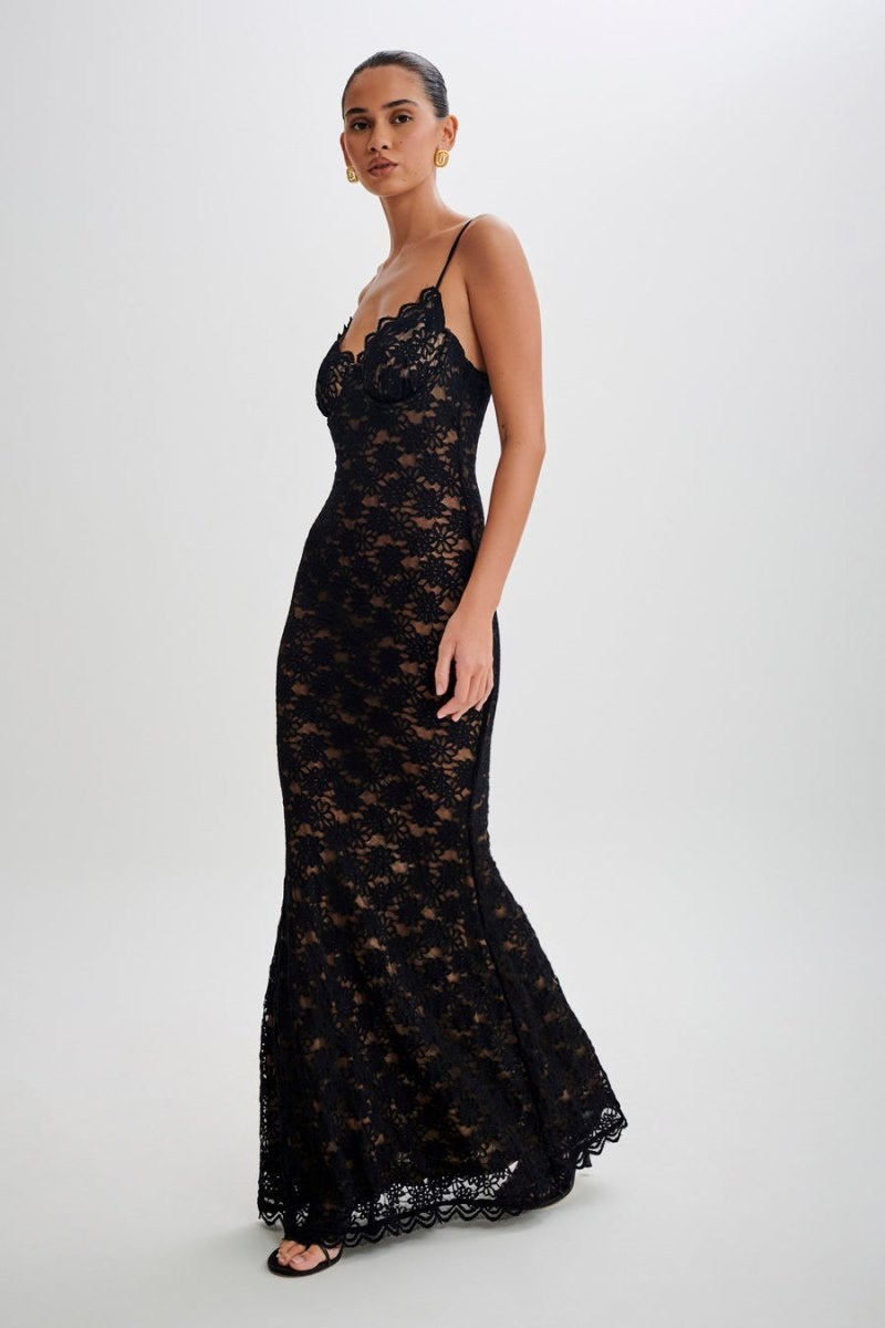 Women's Meshki Joelle Lace Cupped Maxi Dress Black USA | L6E-7392