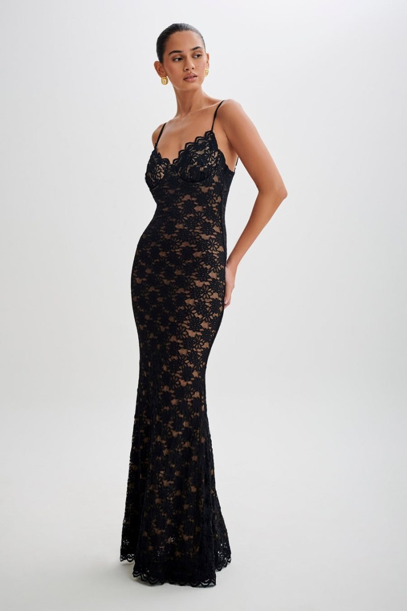 Women's Meshki Joelle Lace Cupped Maxi Dress Black USA | L6E-7392