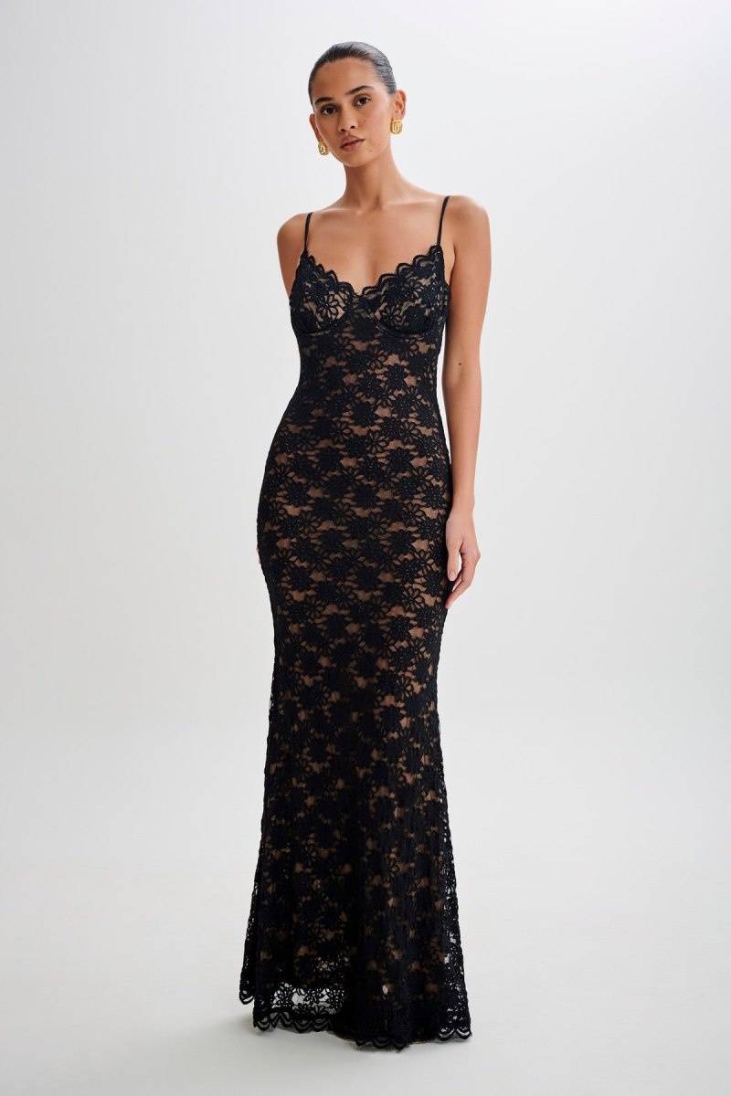 Women\'s Meshki Joelle Lace Cupped Maxi Dress Black USA | L6E-7392