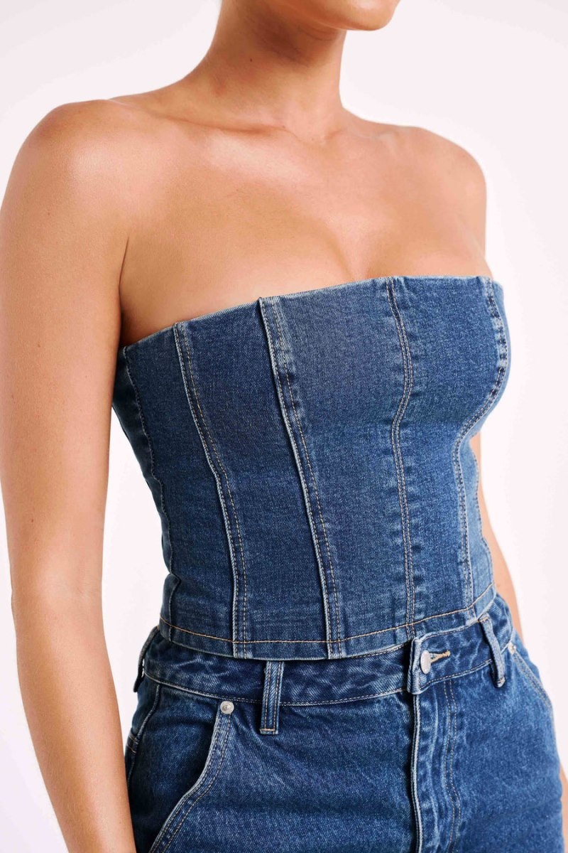 Women's Meshki Jordana Denim Tube Tops Dark Blue USA | C5M-6267