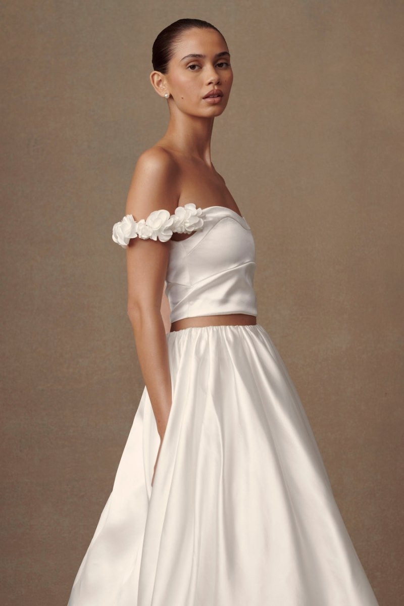 Women's Meshki Karrie Cropped Satin Rose Bodice Wedding Dress White USA | C0E-7308