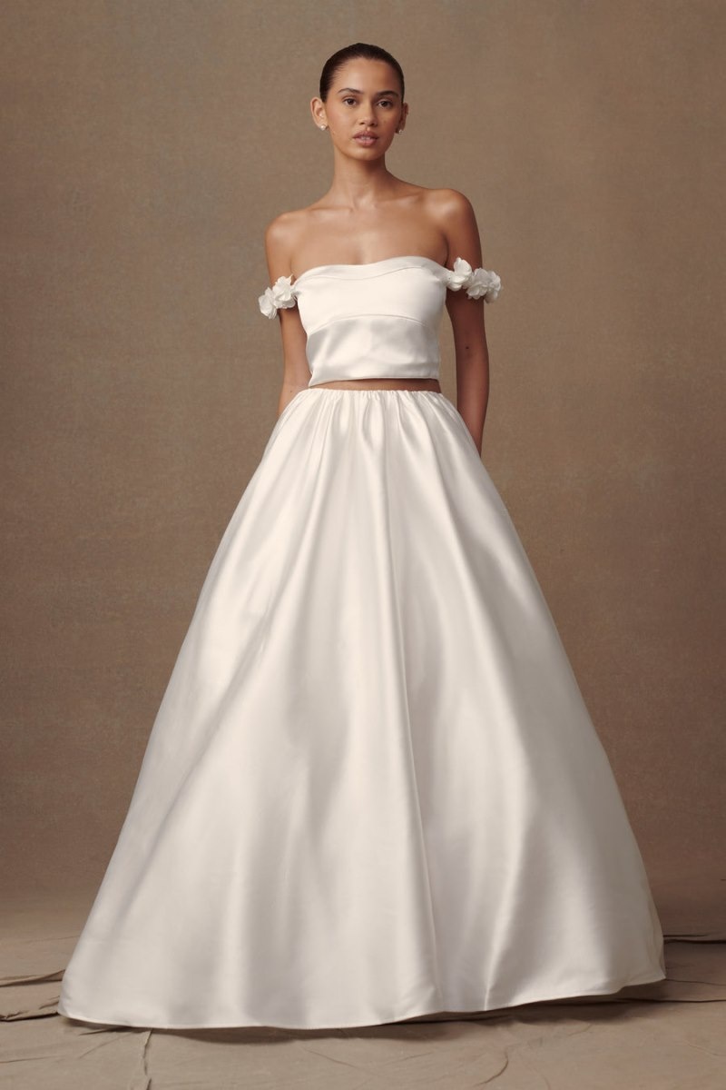 Women's Meshki Karrie Cropped Satin Rose Bodice Wedding Dress White USA | C0E-7308