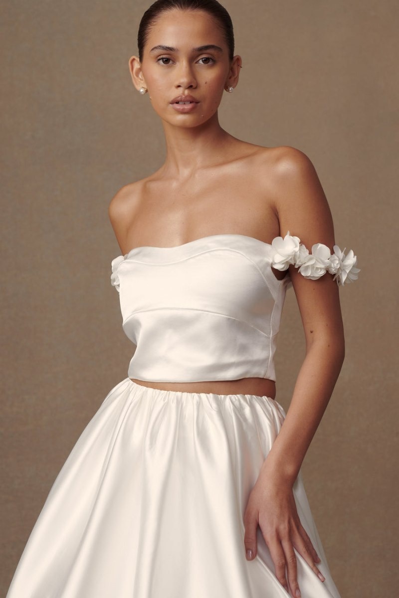 Women's Meshki Karrie Cropped Satin Rose Bodice Wedding Dress White USA | C0E-7308