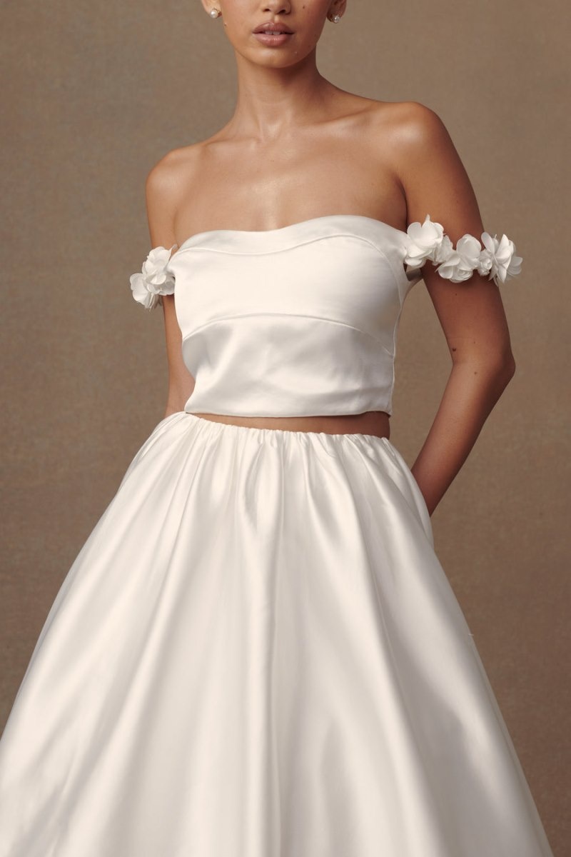 Women's Meshki Karrie Cropped Satin Rose Bodice Wedding Dress White USA | C0E-7308