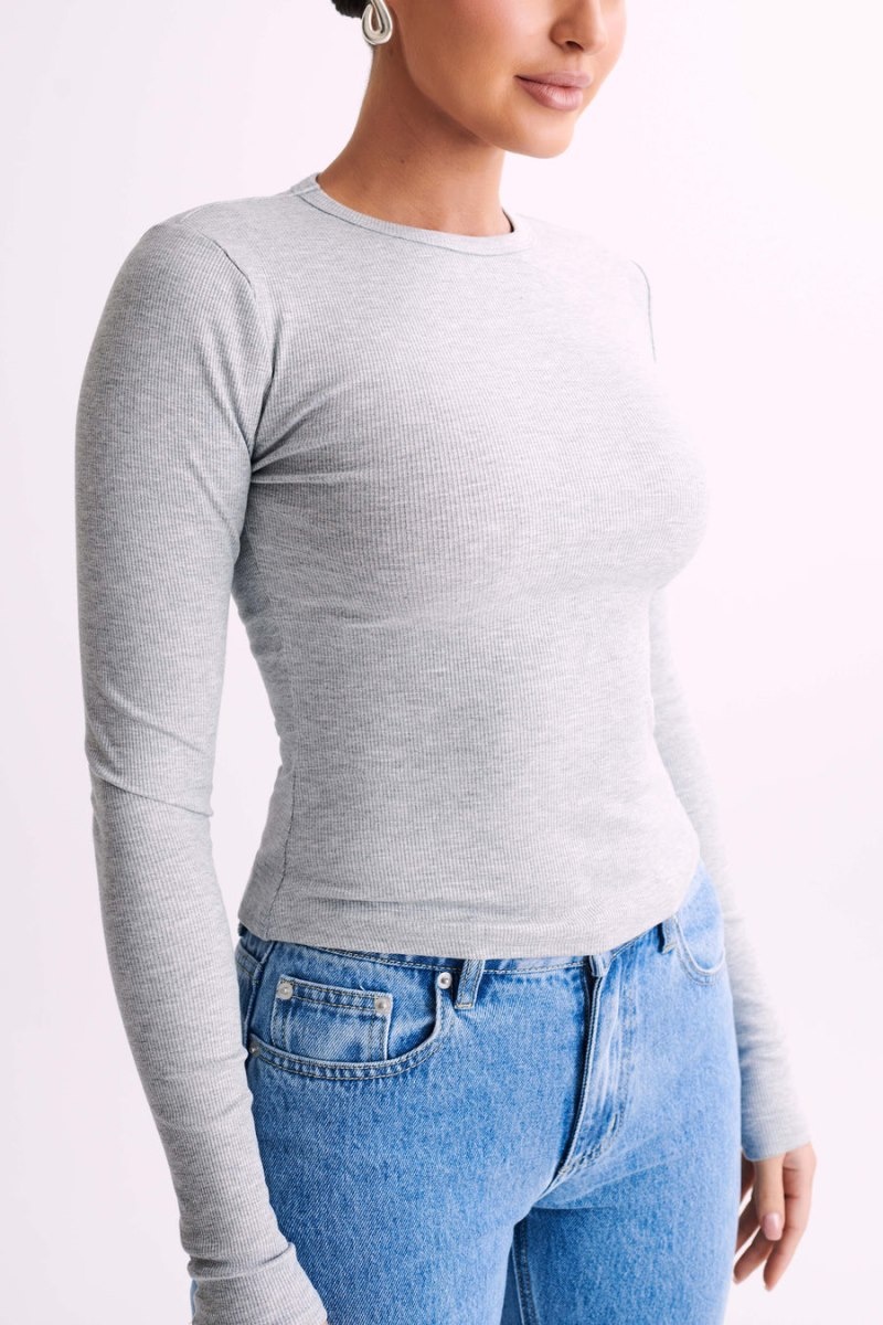 Women's Meshki Keeley Long Sleeve Rib Crop Tops Grey USA | J2F-6737