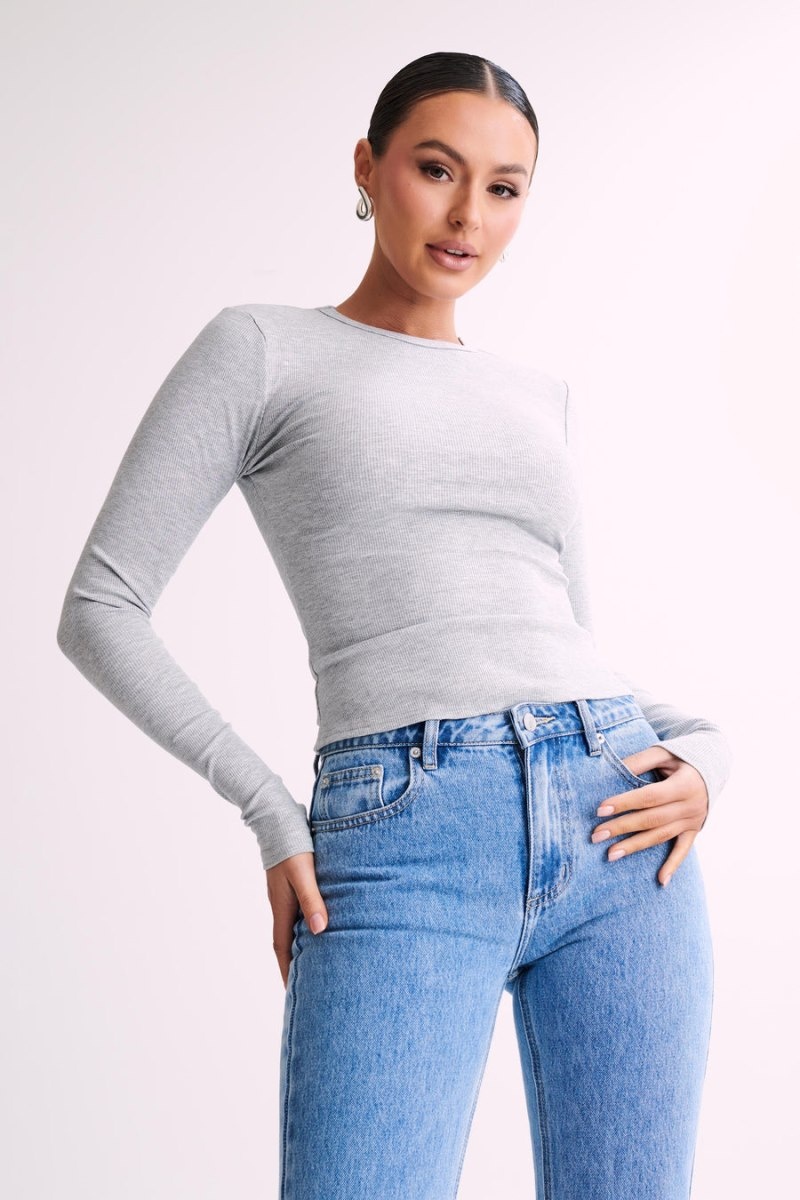 Women's Meshki Keeley Long Sleeve Rib Crop Tops Grey USA | J2F-6737