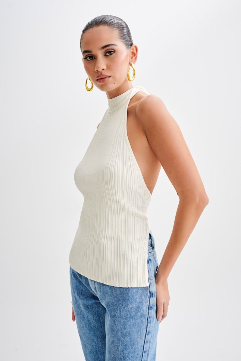 Women's Meshki Laila Longline Halter Rib Knit Tops White USA | G0W-3786