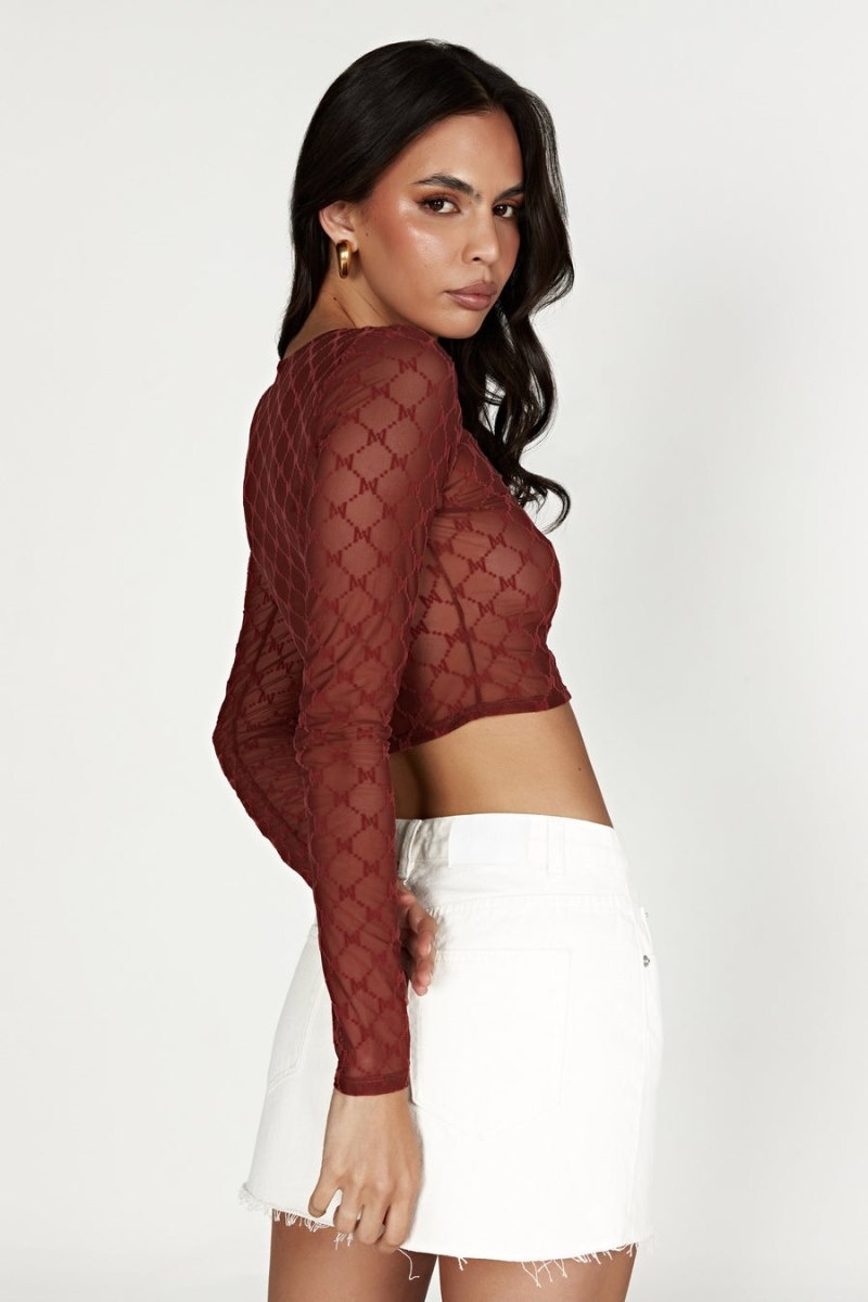 Women's Meshki Letitia Mesh Monogram Crop Tops Red USA | K7X-7323