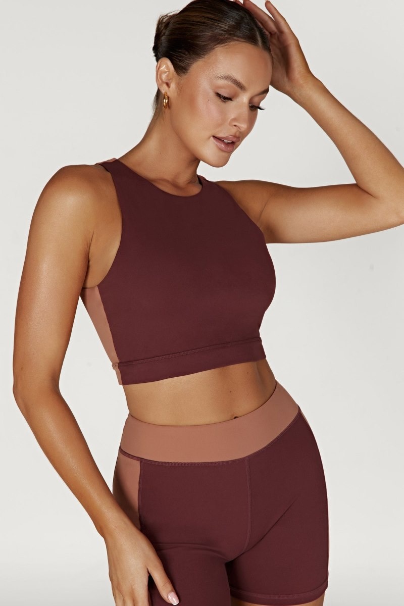 Women\'s Meshki Lori Two Tone Racer Crop Tops Dark Red / Tan USA | G3M-5572