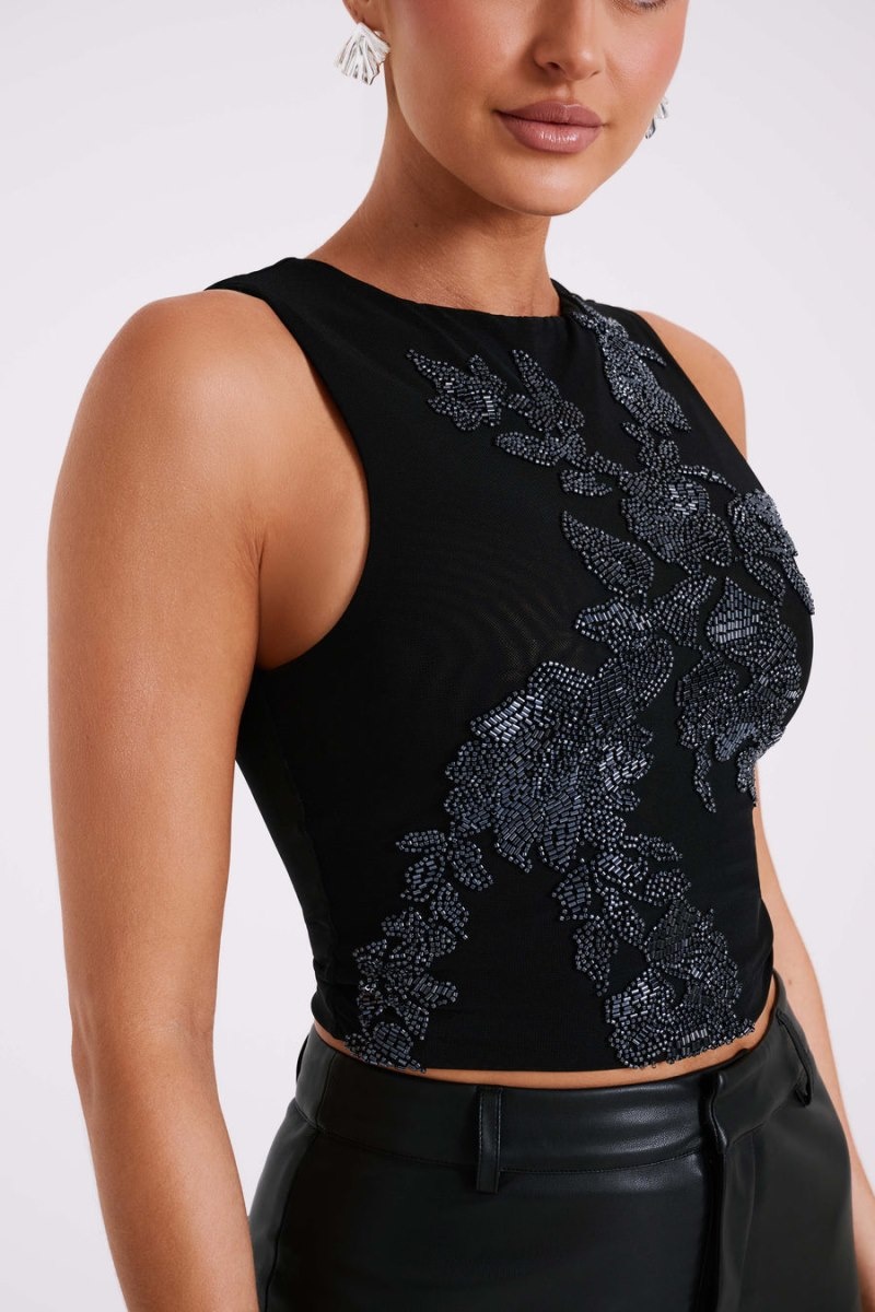 Women's Meshki Luci Beaded Flower Mesh Tops Black USA | A8A-0725