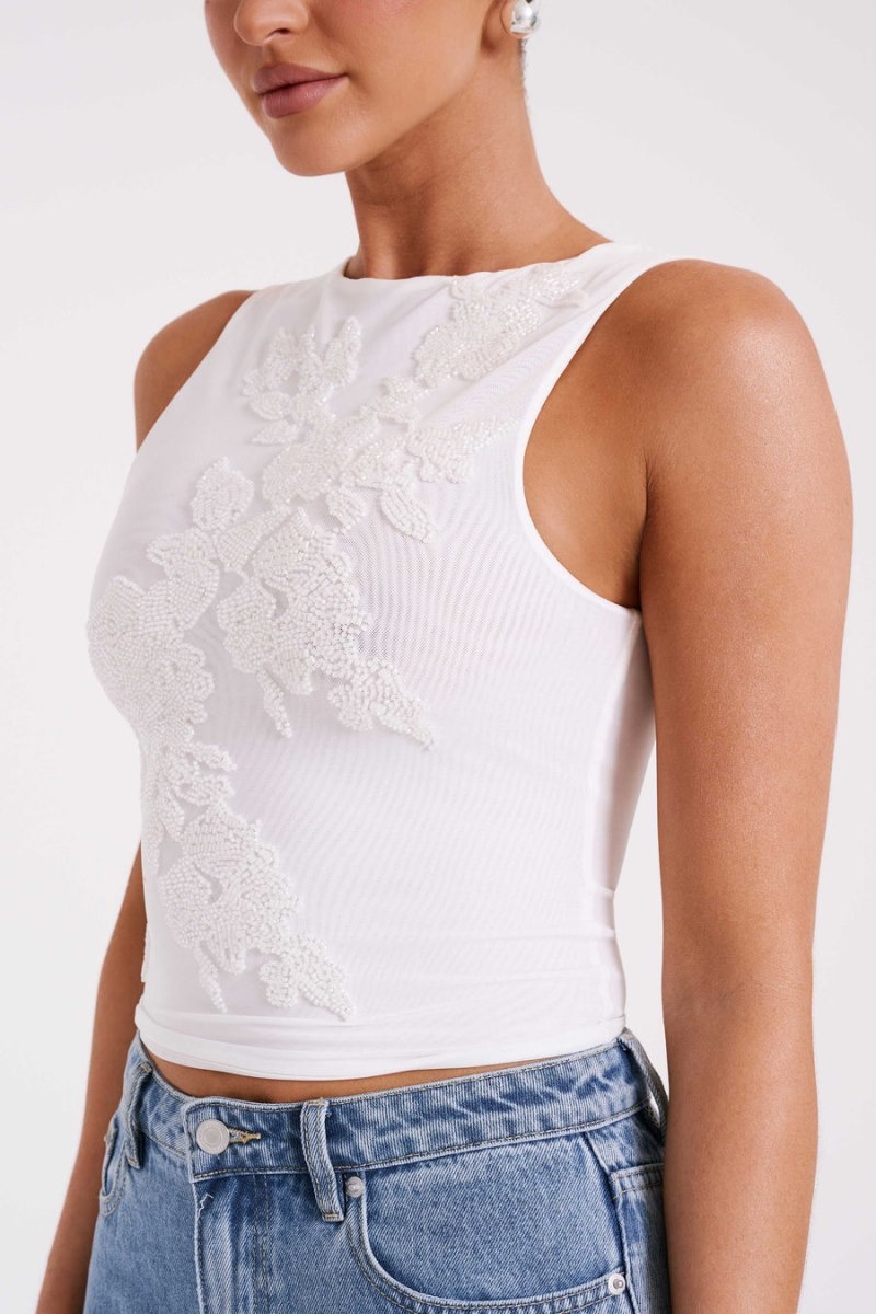 Women's Meshki Luci Beaded Flower Mesh Tops White USA | I2I-1236