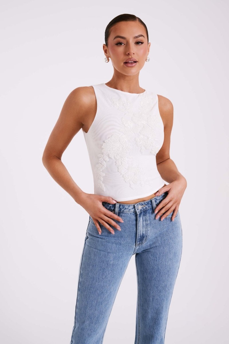 Women's Meshki Luci Beaded Flower Mesh Tops White USA | I2I-1236