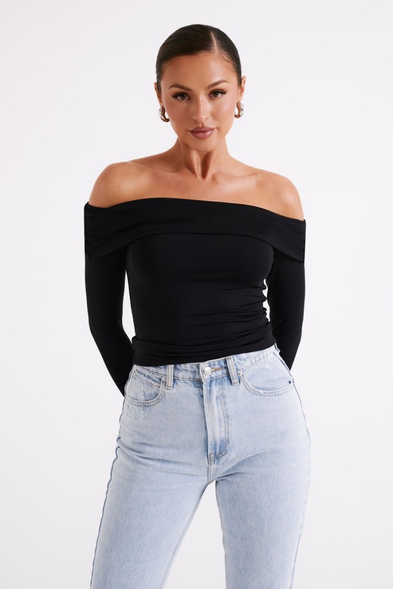 Women's Meshki Lucinda Recycled Nylon Off Shoulder Tops Black USA | C6B-5882