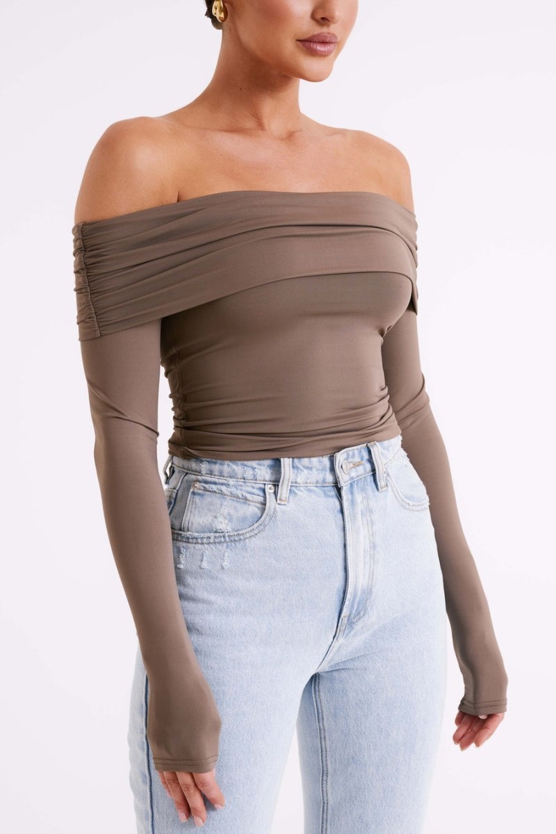 Women's Meshki Lucinda Recycled Nylon Off Shoulder Tops Chocolate USA | C7S-2345