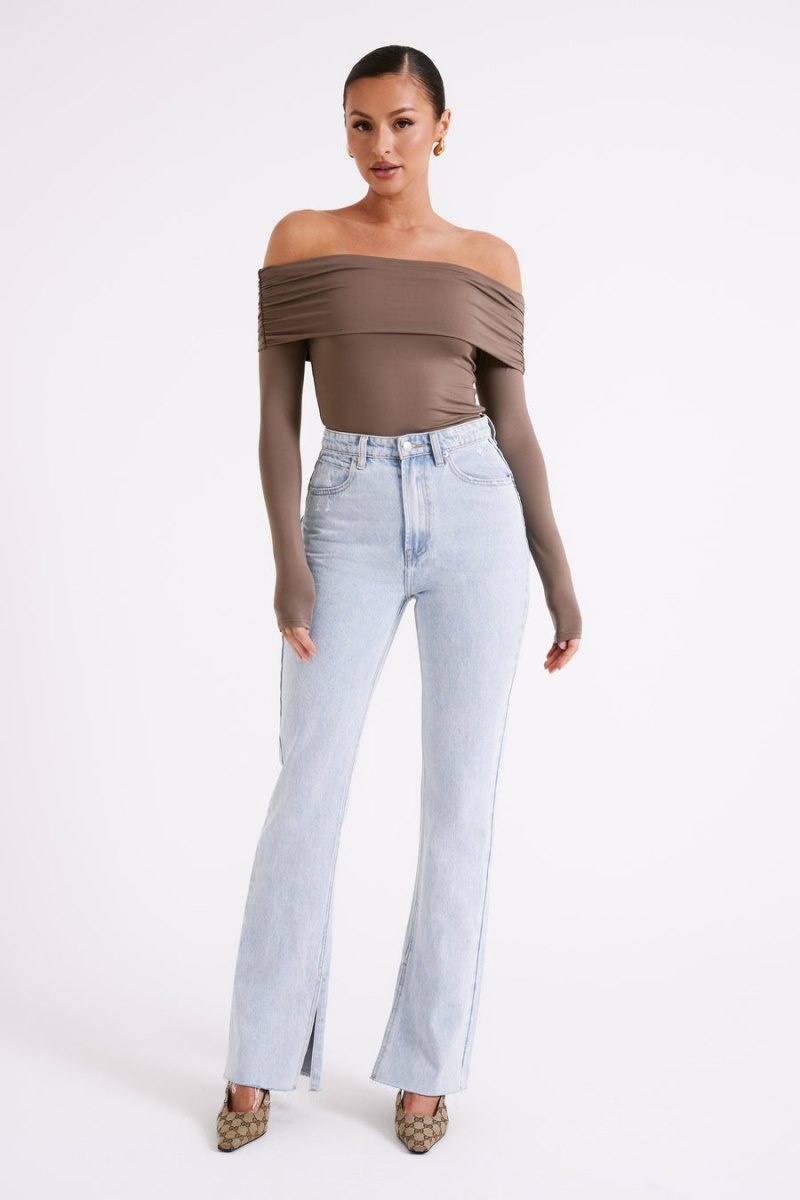 Women's Meshki Lucinda Recycled Nylon Off Shoulder Tops Chocolate USA | C7S-2345