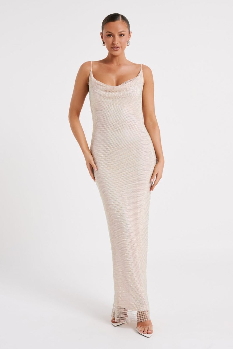 Women's Meshki Madelaine Diamante Mesh Cowl Maxi Dress Cream USA | F9S-2182