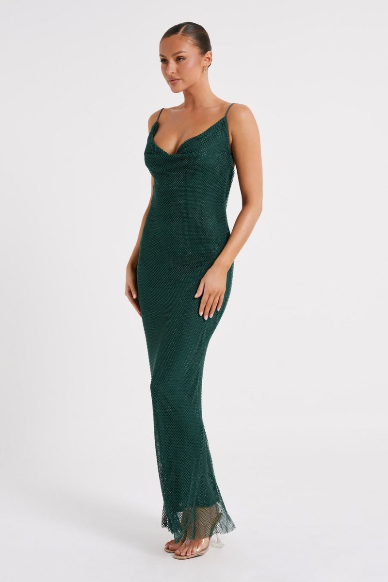 Women's Meshki Madelaine Diamante Mesh Cowl Maxi Dress Green USA | H6H-4069