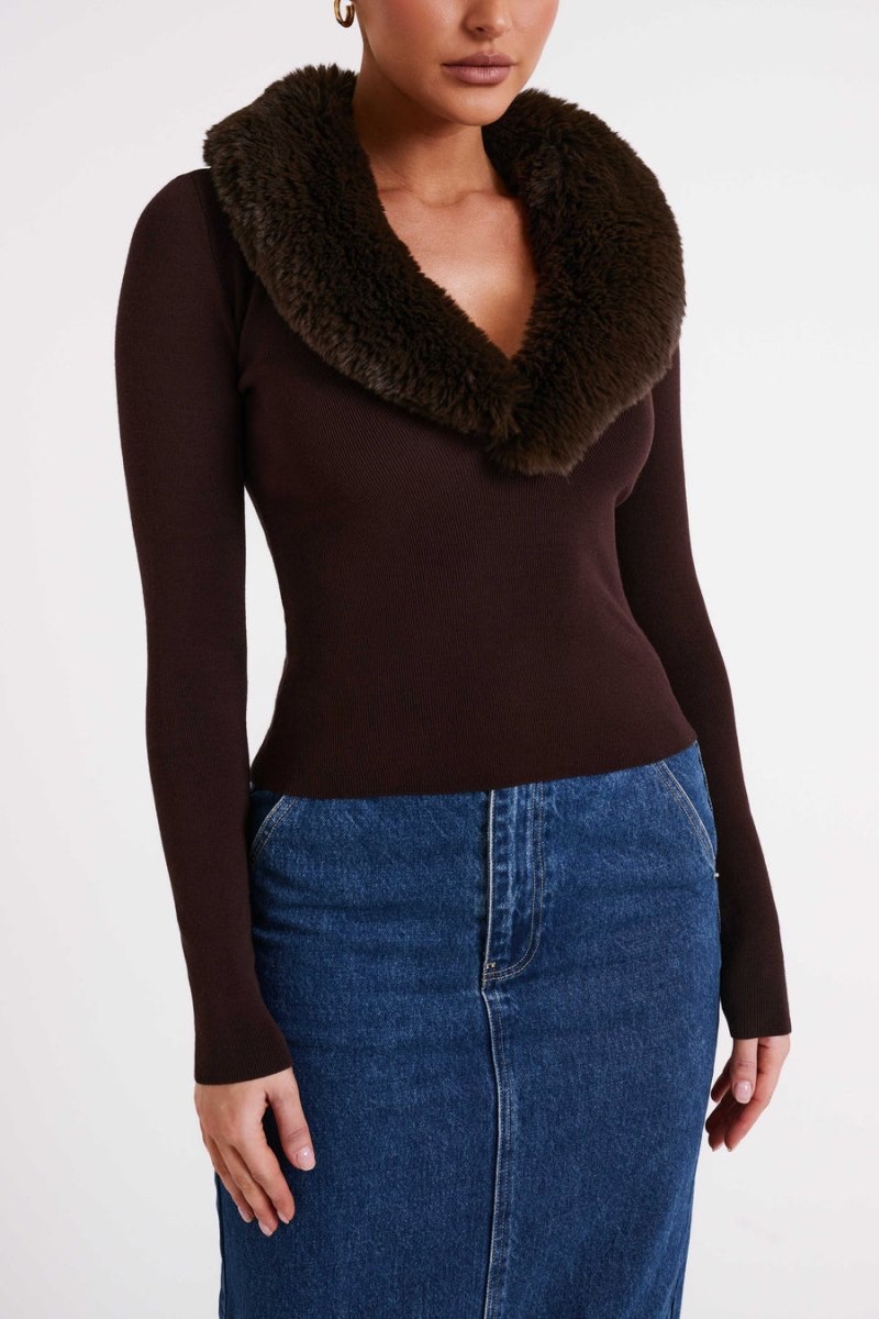 Women's Meshki Maieve Fur Trim Knit Tops Dark Brown USA | U1H-1885