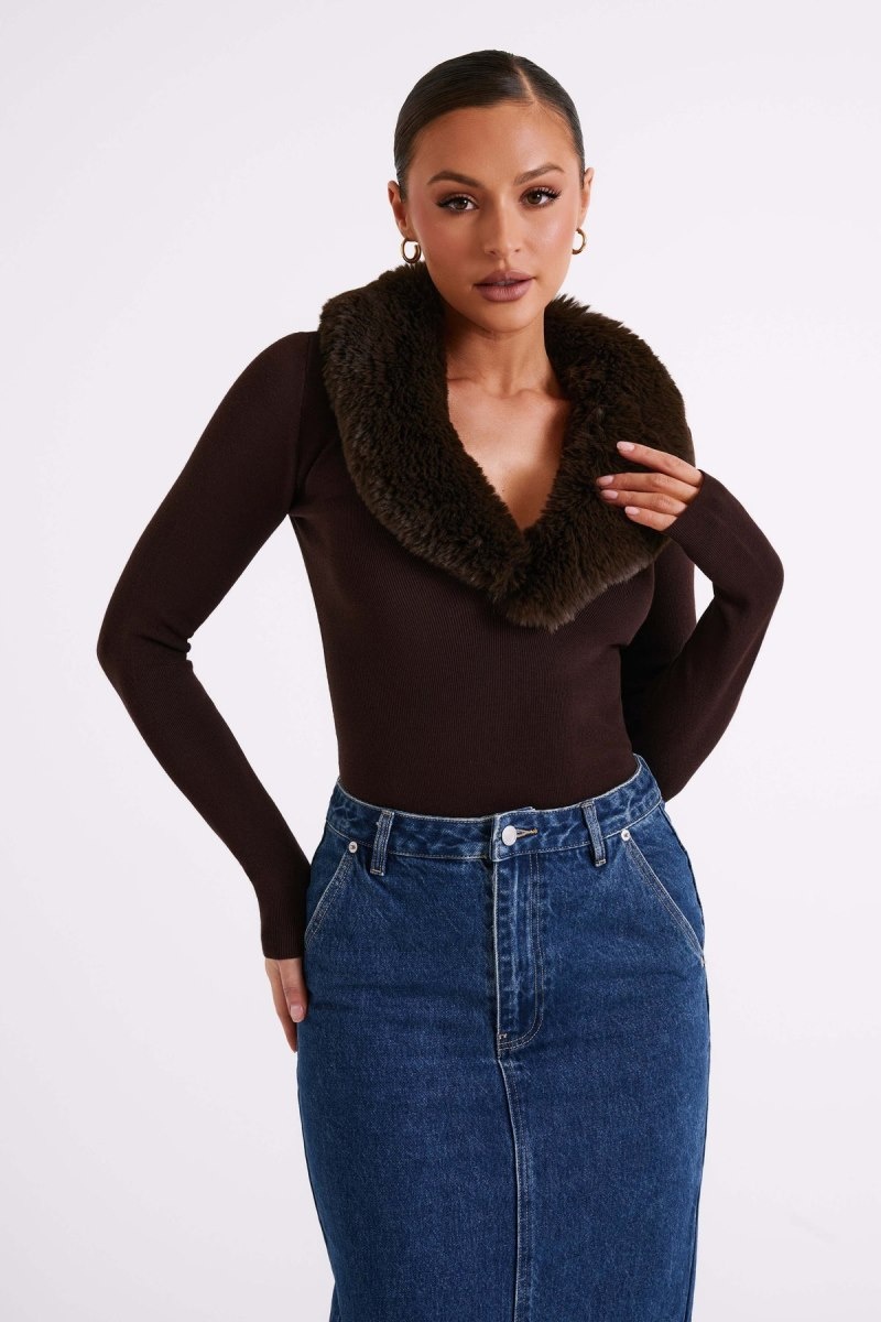 Women\'s Meshki Maieve Fur Trim Knit Tops Dark Brown USA | U1H-1885