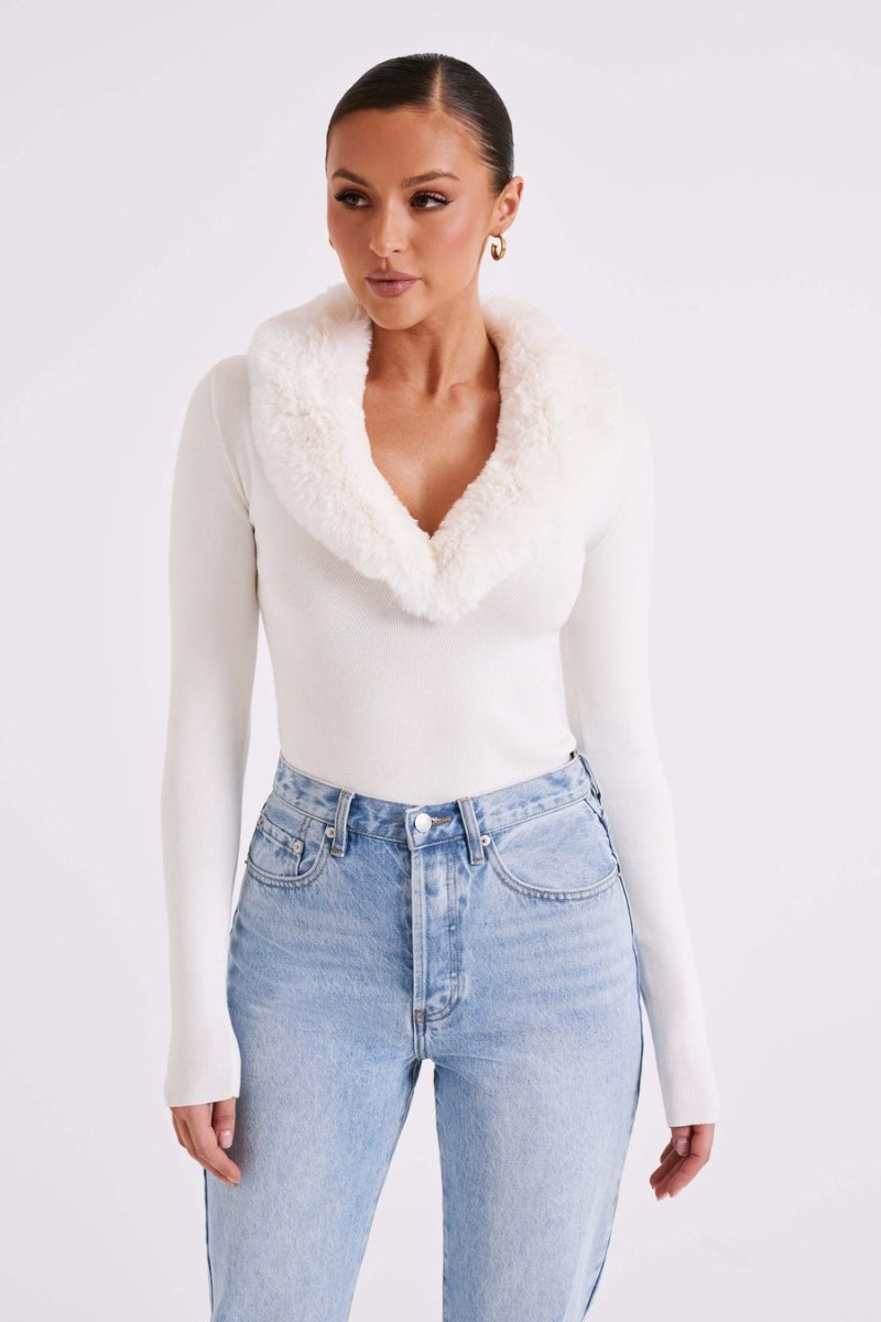 Women's Meshki Maieve Fur Trim Knit Tops White USA | R0O-7646