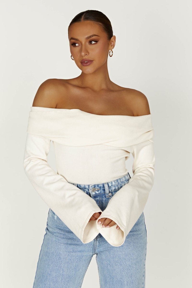 Women's Meshki Marlisa Off Shoulder Twist Tops White USA | A2O-8800