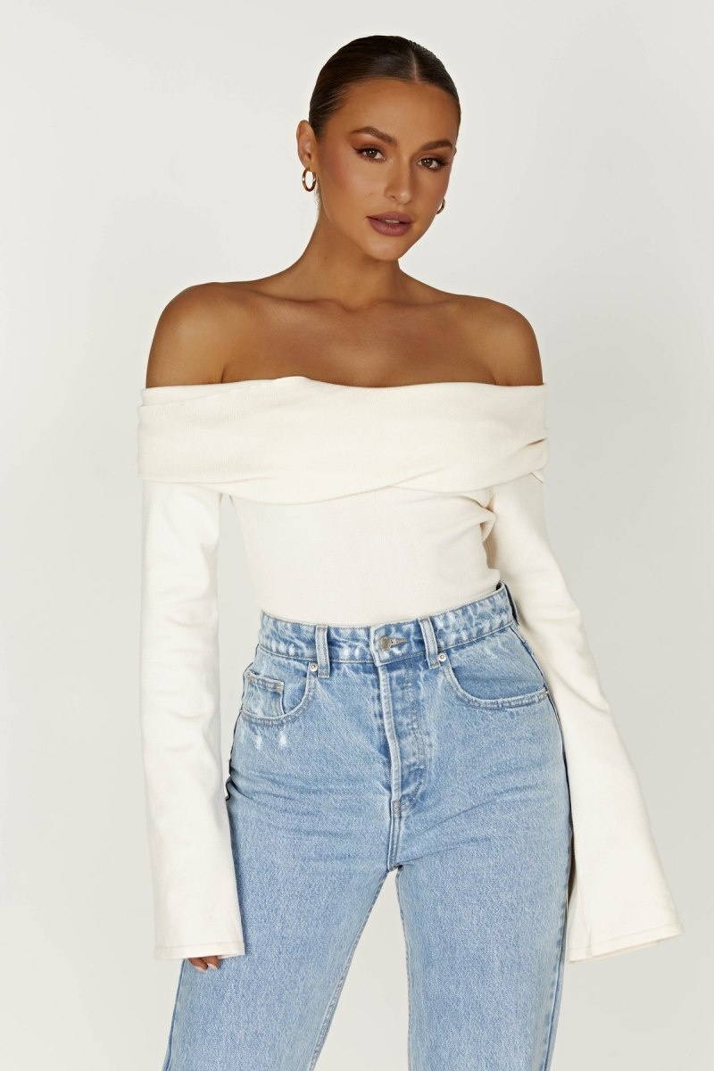 Women\'s Meshki Marlisa Off Shoulder Twist Tops White USA | A2O-8800