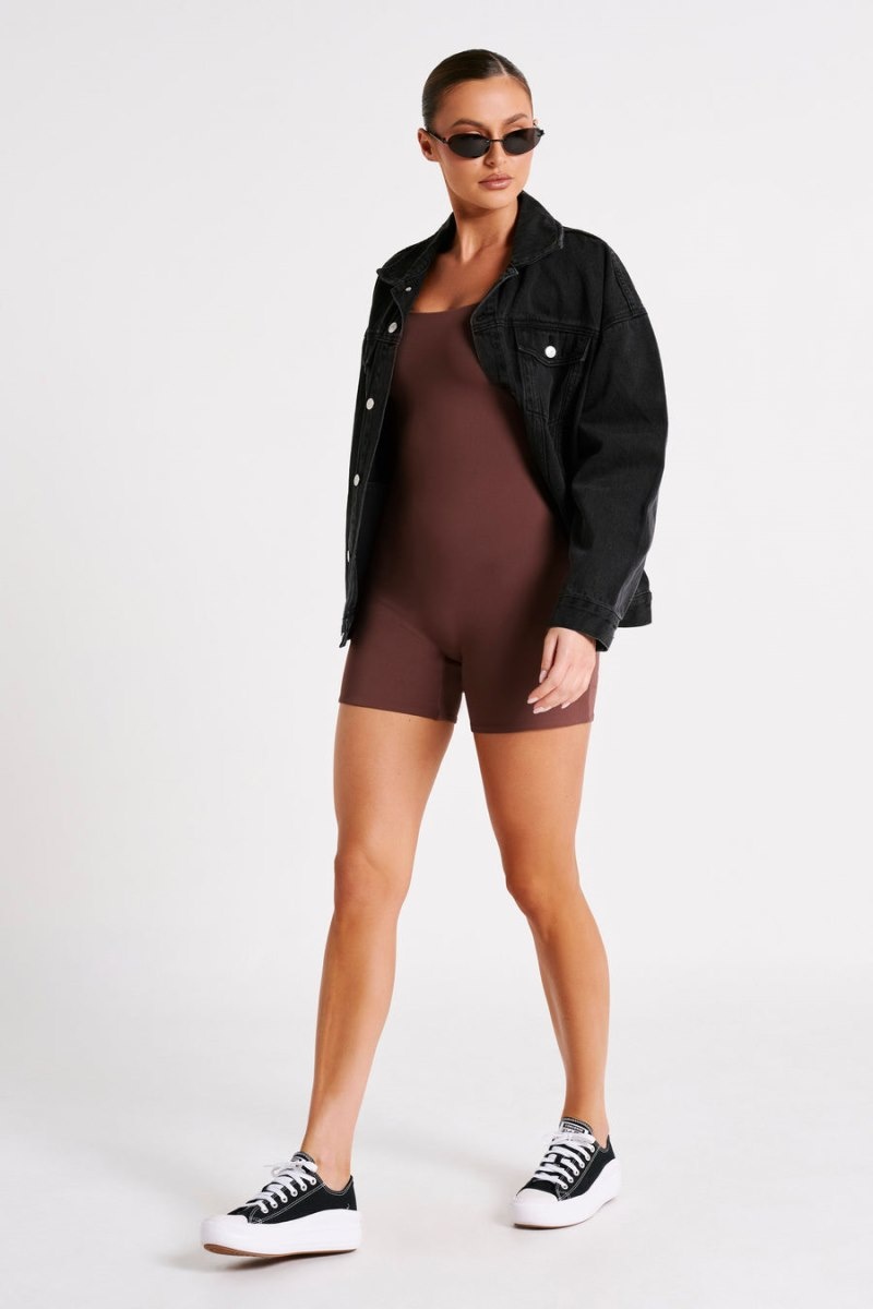 Women's Meshki Oakley Recycled Nylon Long Sleeve Playsuit Brown USA | Y8I-3408