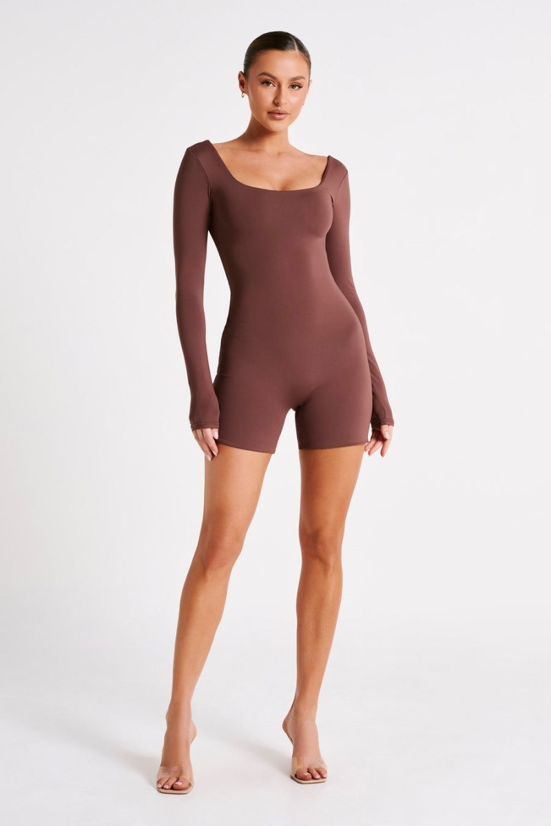 Women's Meshki Oakley Recycled Nylon Long Sleeve Playsuit Brown USA | Y8I-3408