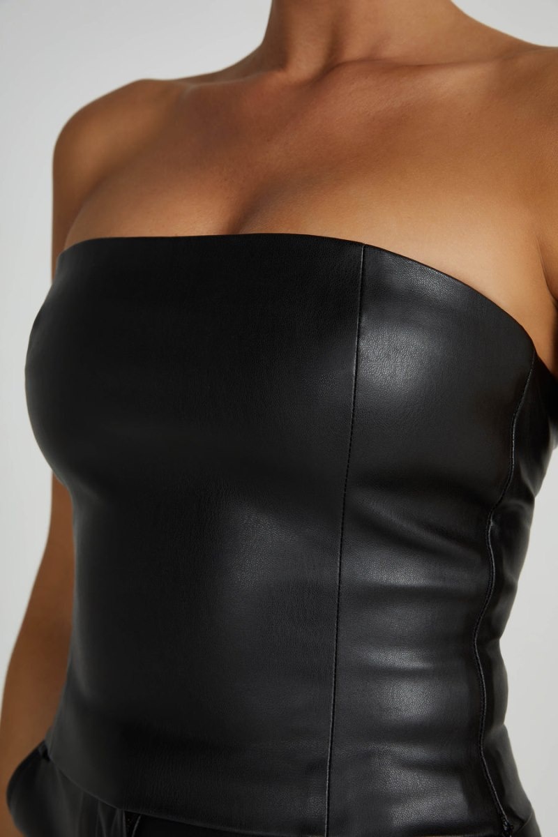 Women's Meshki Pamela Faux Leather Strapless Crop Tops Black USA | O8L-2033